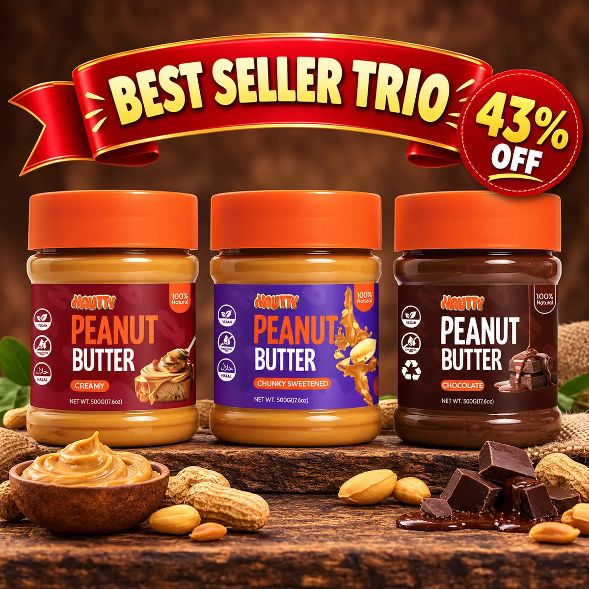 Nautty Best-Seller Trio: Creamy, Chunky and Chocolate peanut butter 500g jars with free delivery in Pakistan