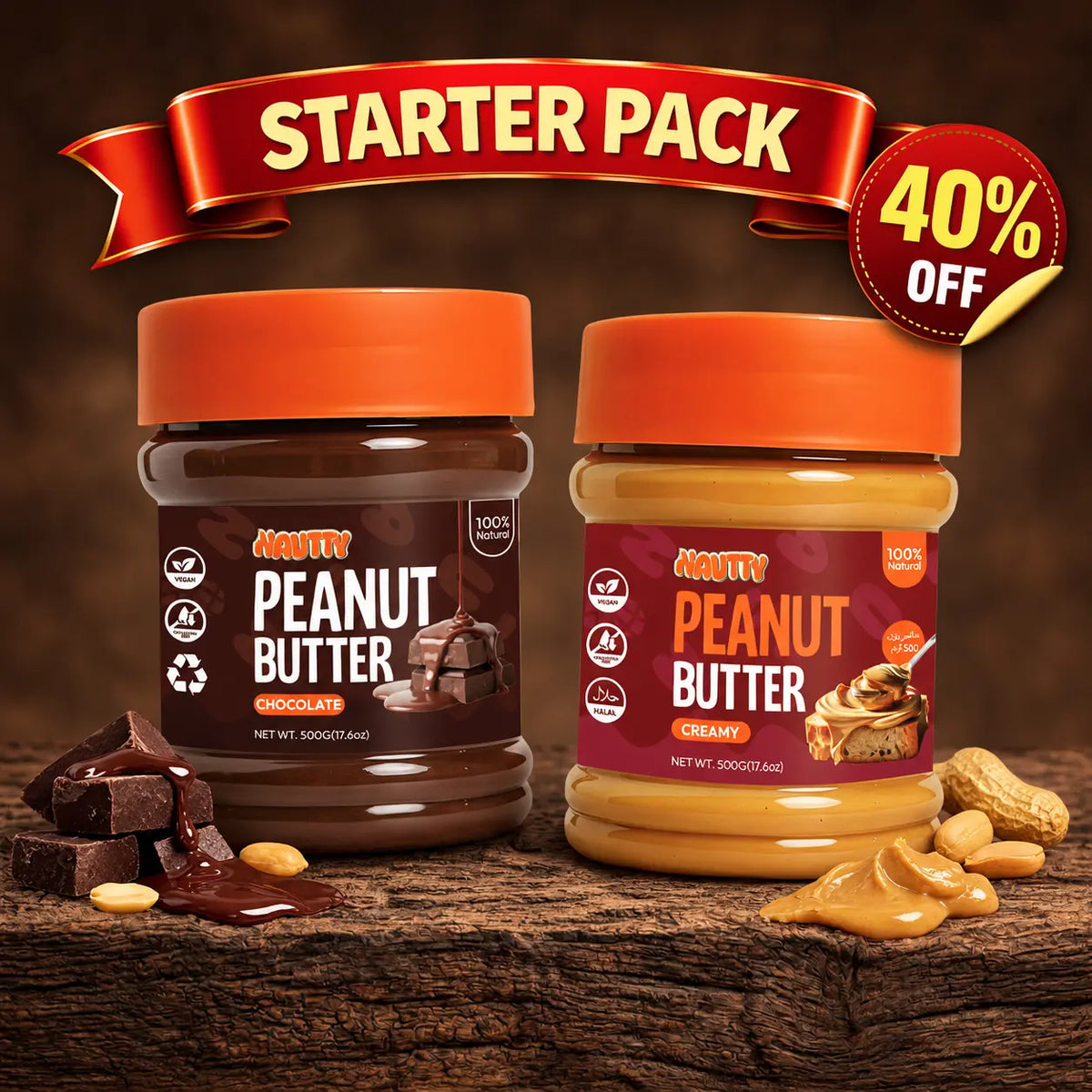 Nautty Smooth Choco Delight Starter Pack: Creamy and Chocolate peanut butter 500g jars, Pakistan