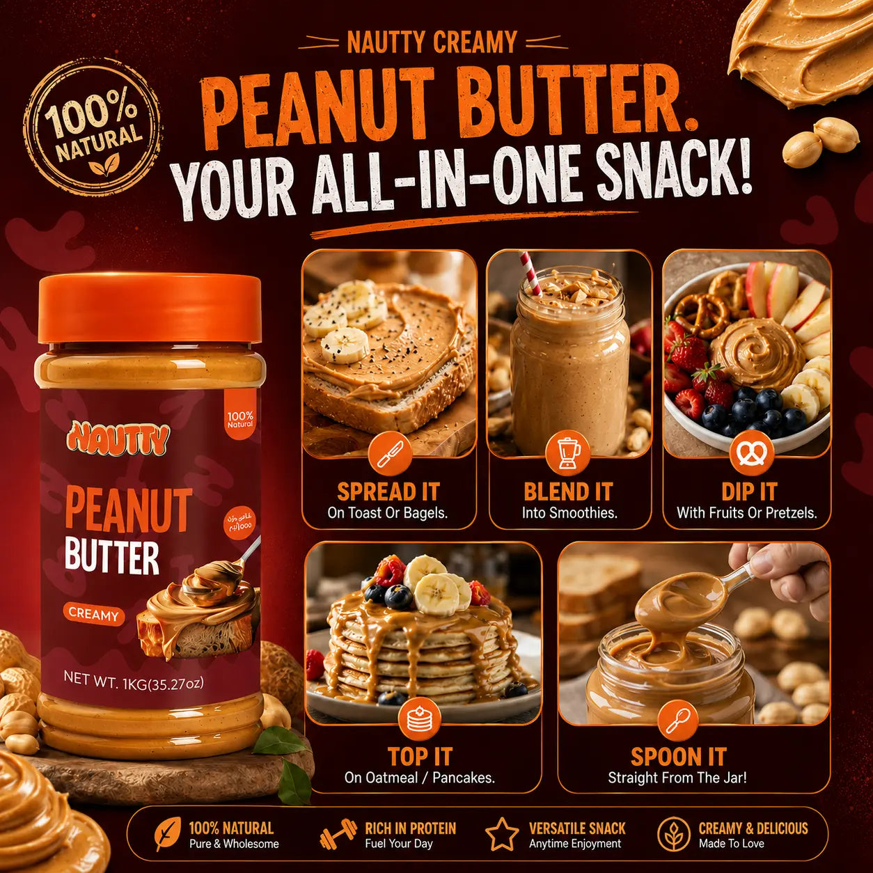 Nautty Creamy Peanut Butter 1kg all in one snack ideas