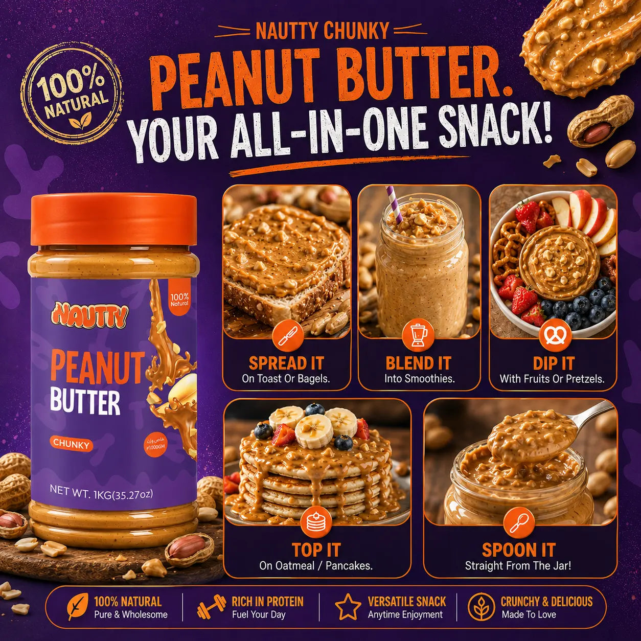 Nautty Chunky Peanut Butter 500g all in one snack ideas