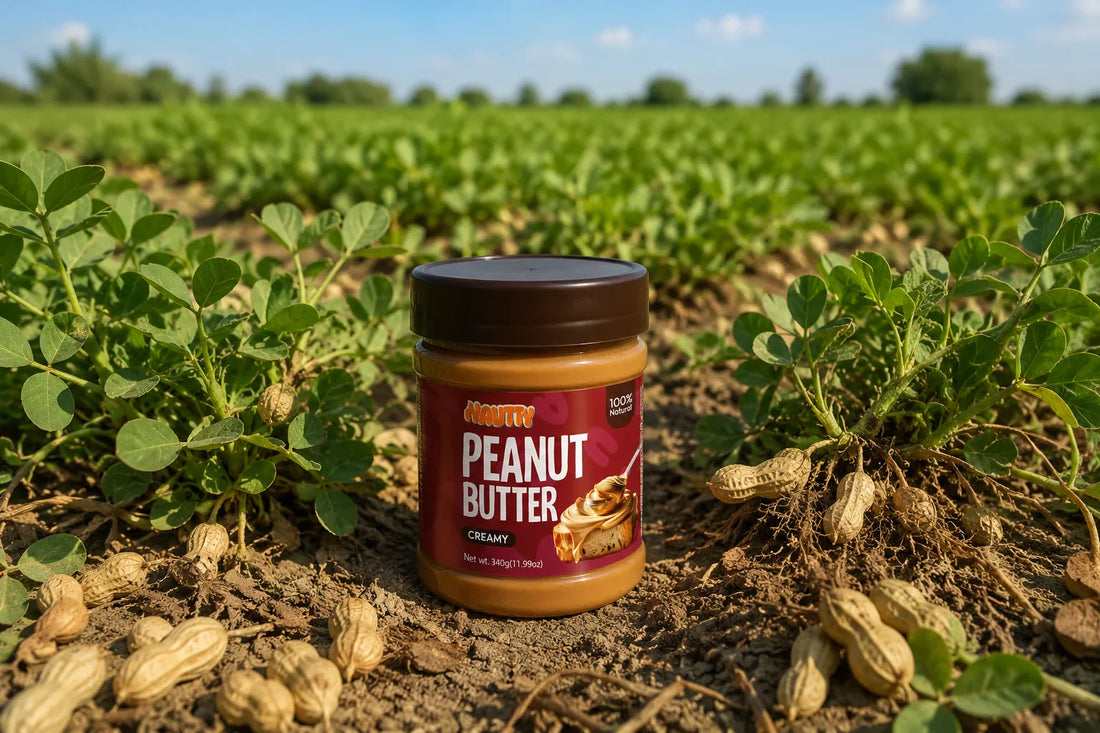 A jar of Nautty Creamy Peanut Butter placed in a premium peanut field in Talagang, Punjab Pakistan, showcasing farm-fresh peanuts and natural peanut cultivation.