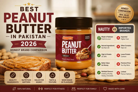 Best Peanut Butter in Pakistan 2026 comparison featuring Nautty Peanut Butter and imported peanut butter brands with quality, nutrition and value comparison.