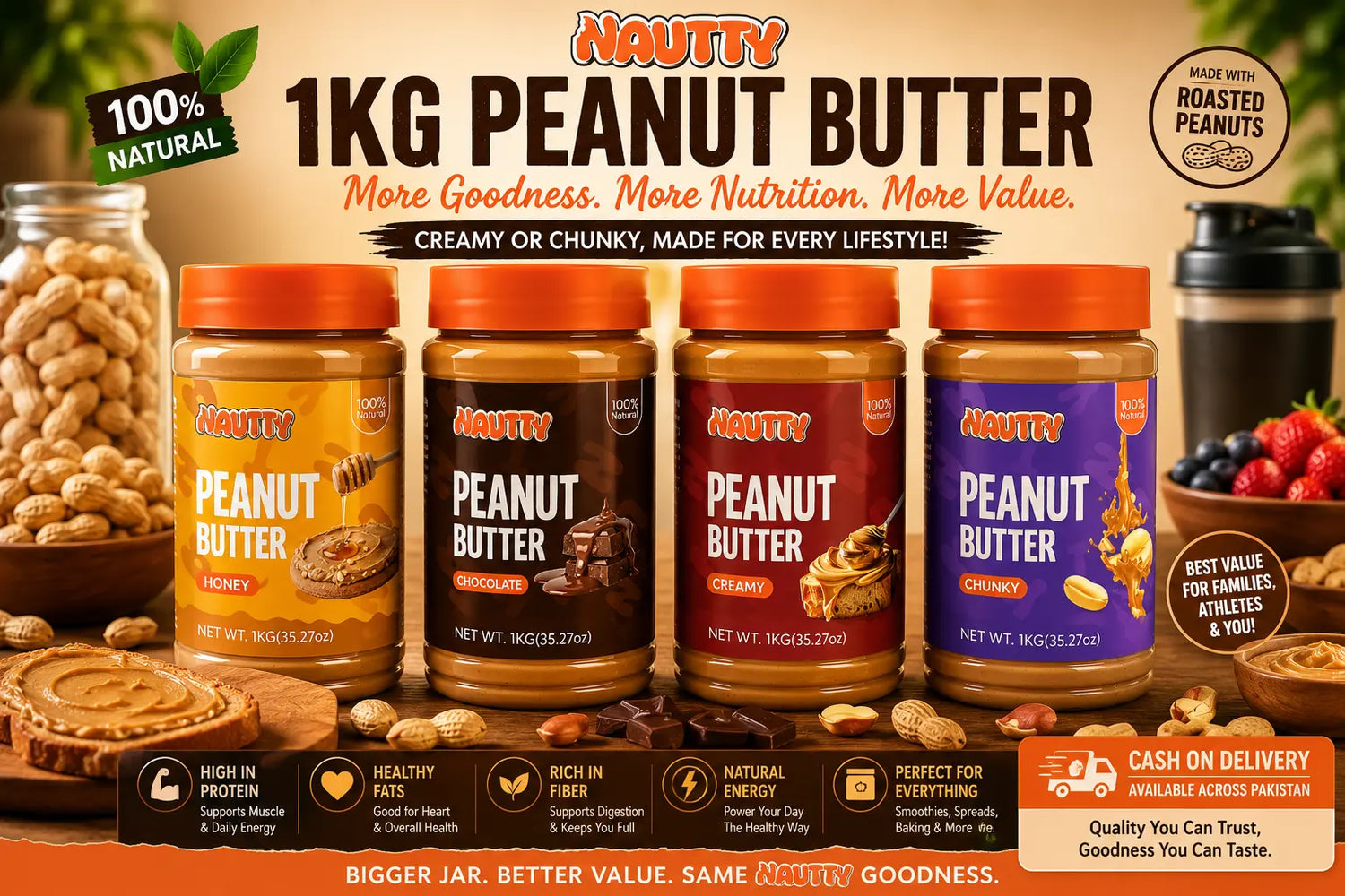 Nautty 1kg peanut butter collection with Creamy, Chunky, Honey and Chocolate varieties for families, fitness enthusiasts and everyday nutrition in Pakistan.