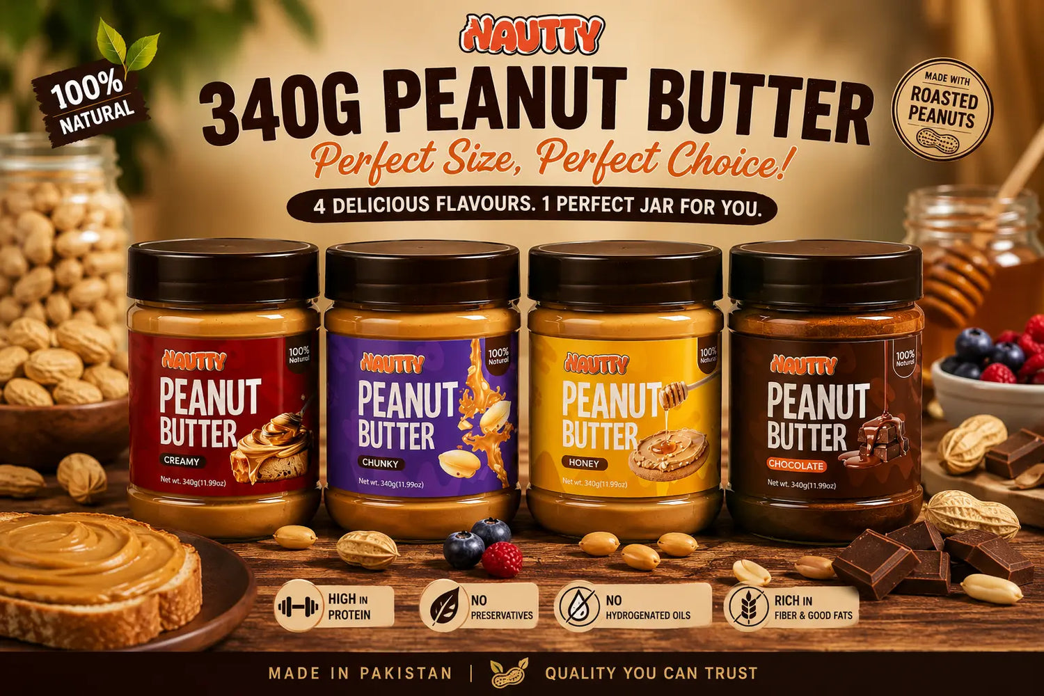 Nautty 340g peanut butter collection in Pakistan featuring Creamy, Chunky, Honey and Chocolate flavours
