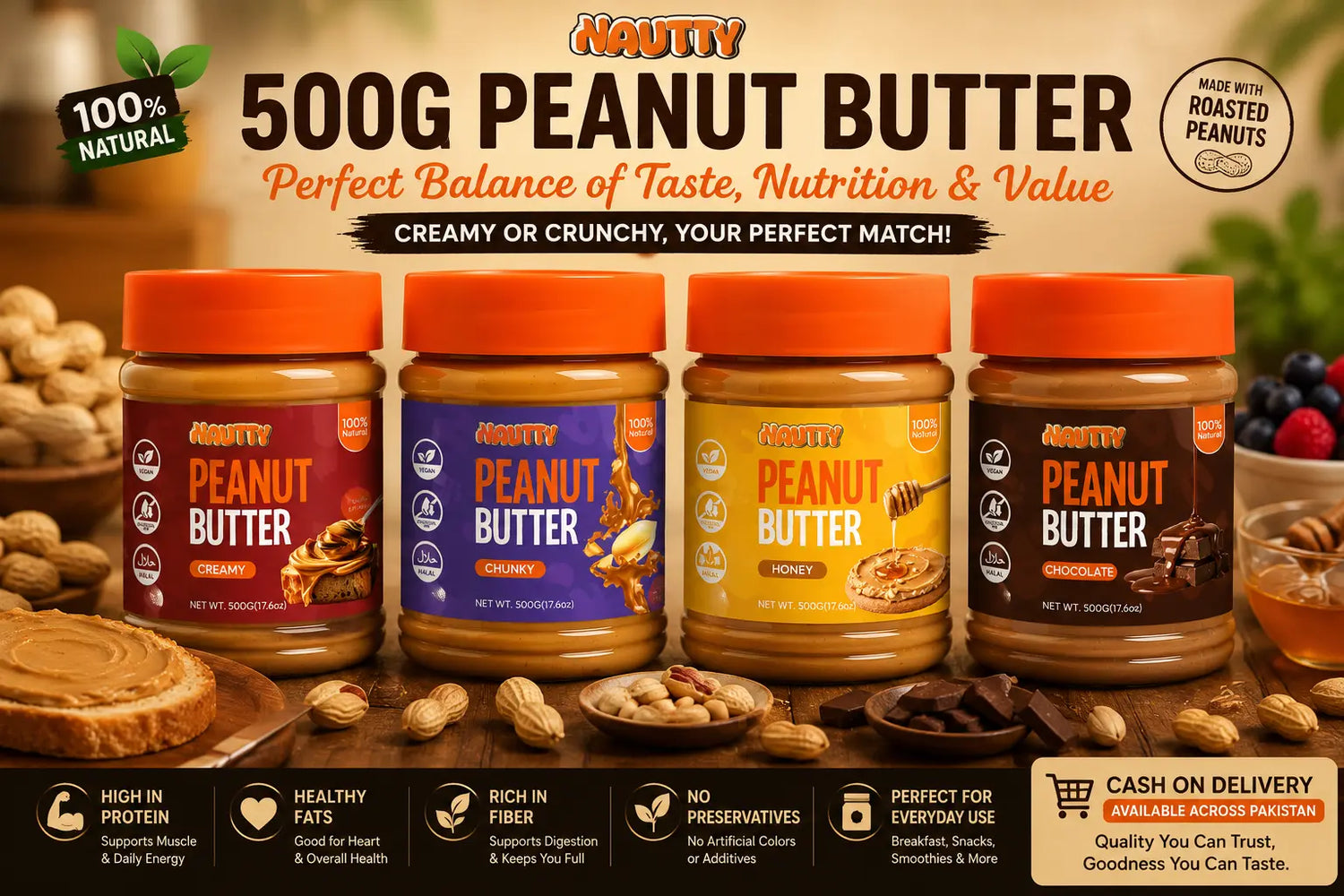 Nautty 500g peanut butter collection with Creamy, Chunky, Honey and Chocolate varieties for breakfast, fitness and everyday nutrition in Pakistan.
