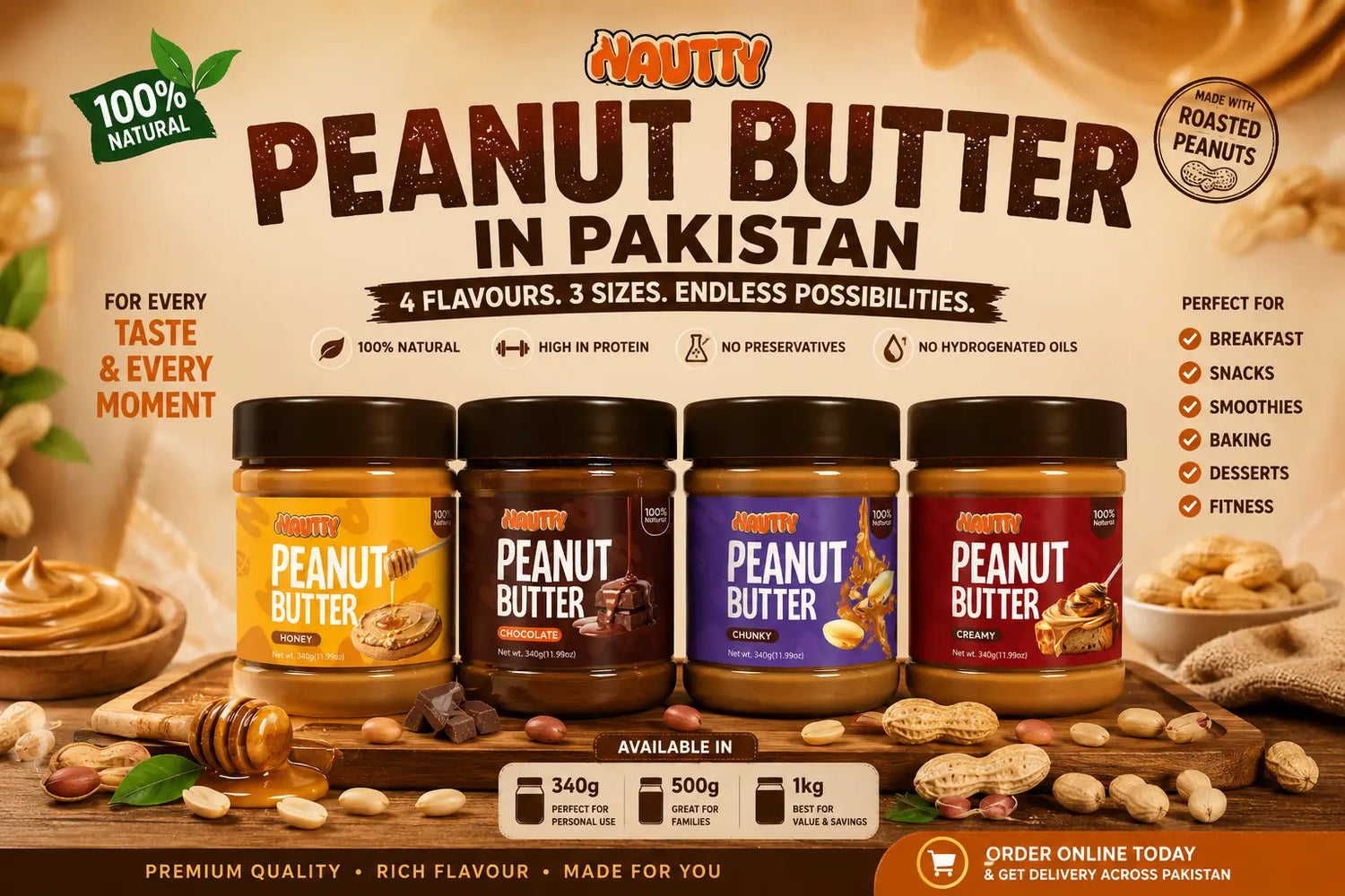 Nautty peanut butter collection in Pakistan with Creamy, Chunky, Honey and Chocolate 340g jars