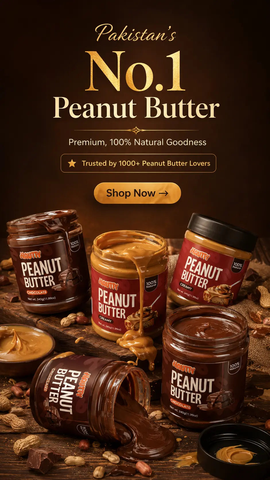 Nautty creamy and chocolate peanut butter jars on a premium brown background with natural peanut butter spread