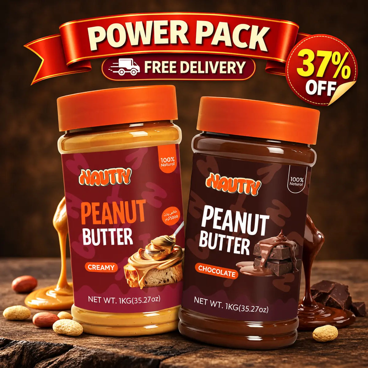 Nautty Smooth Choco Delight Power Pack: Creamy and Chocolate peanut butter 1kg jars, Pakistan