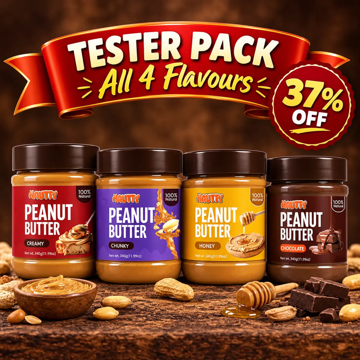 Nautty Taster Pack: Creamy, Chunky, Honey and Chocolate peanut butter 340g jars, all 4 flavours