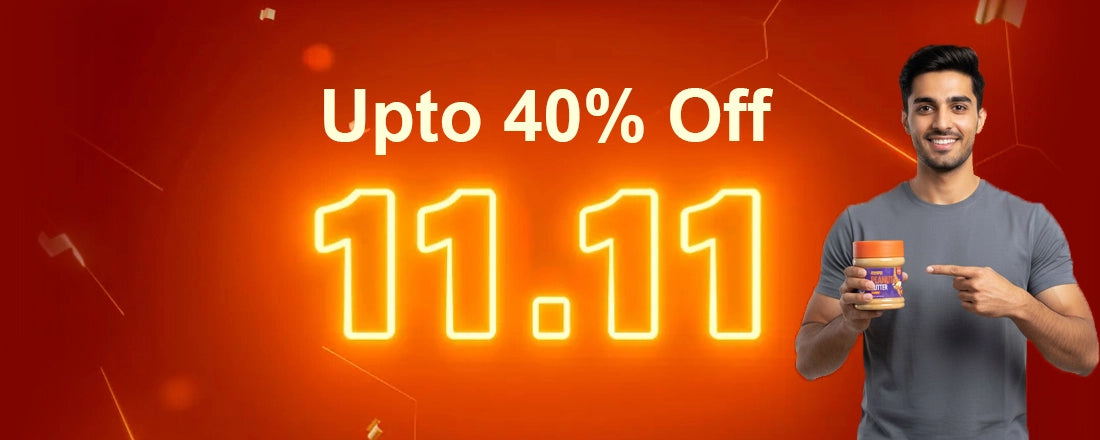 11.11 Sale: Nautty Peanut Butter premium jars displayed with fresh peanuts healthy, protein packed spread for breakfast and fitness lovers.