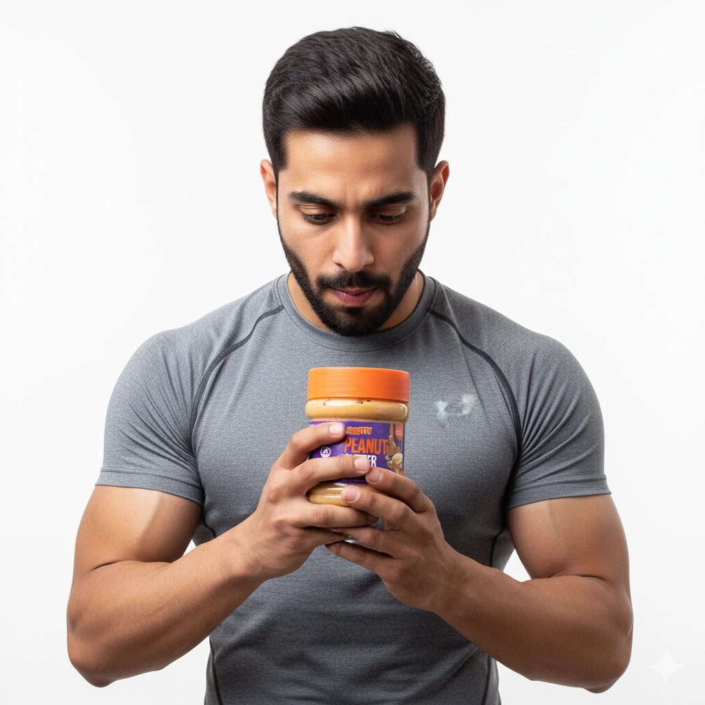 Man holding a jar of Nautty 100% Organic peanut butter against a white background in Pakistan