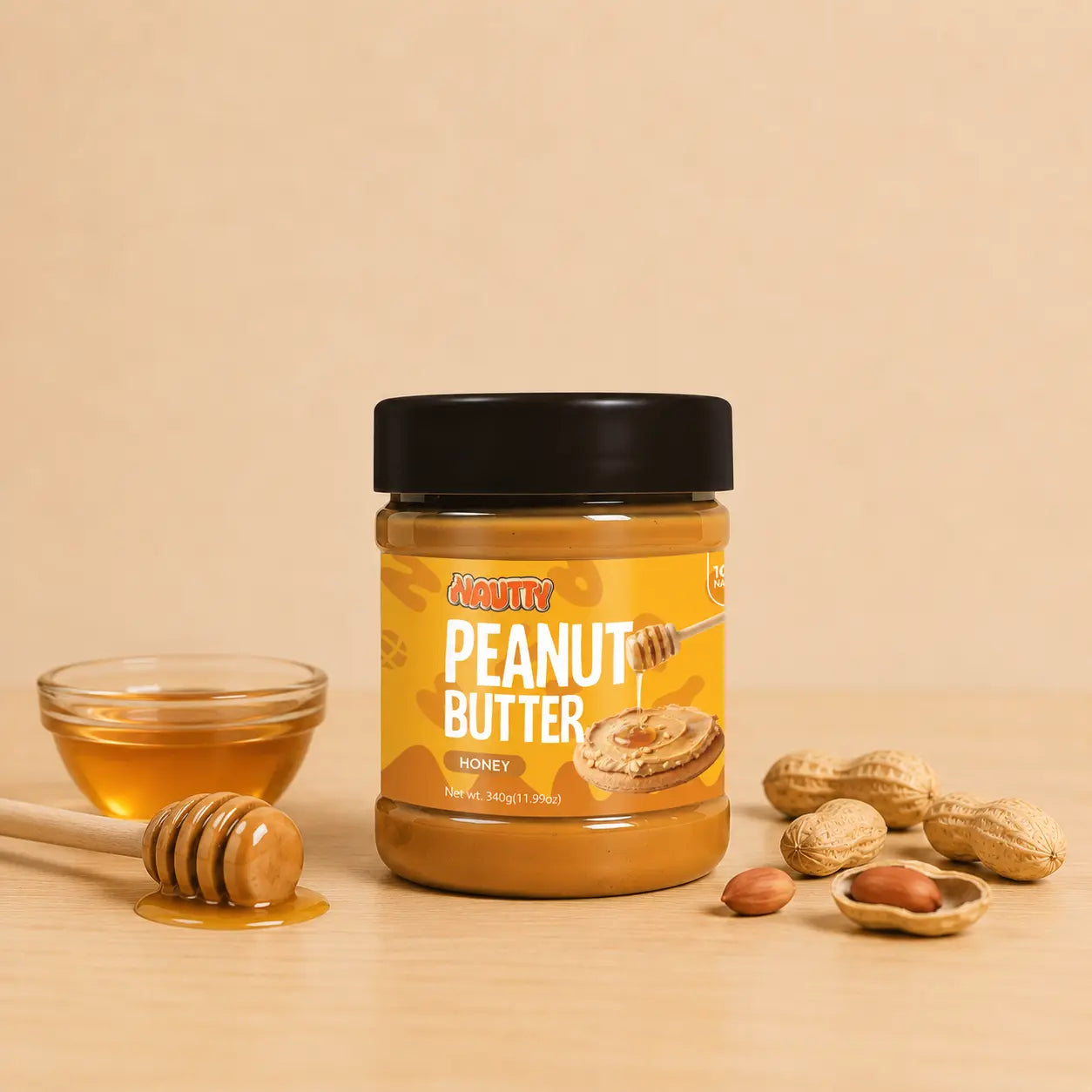 Nautty Honey Peanut Butter 340g jar with honey and roasted peanuts in Pakistan