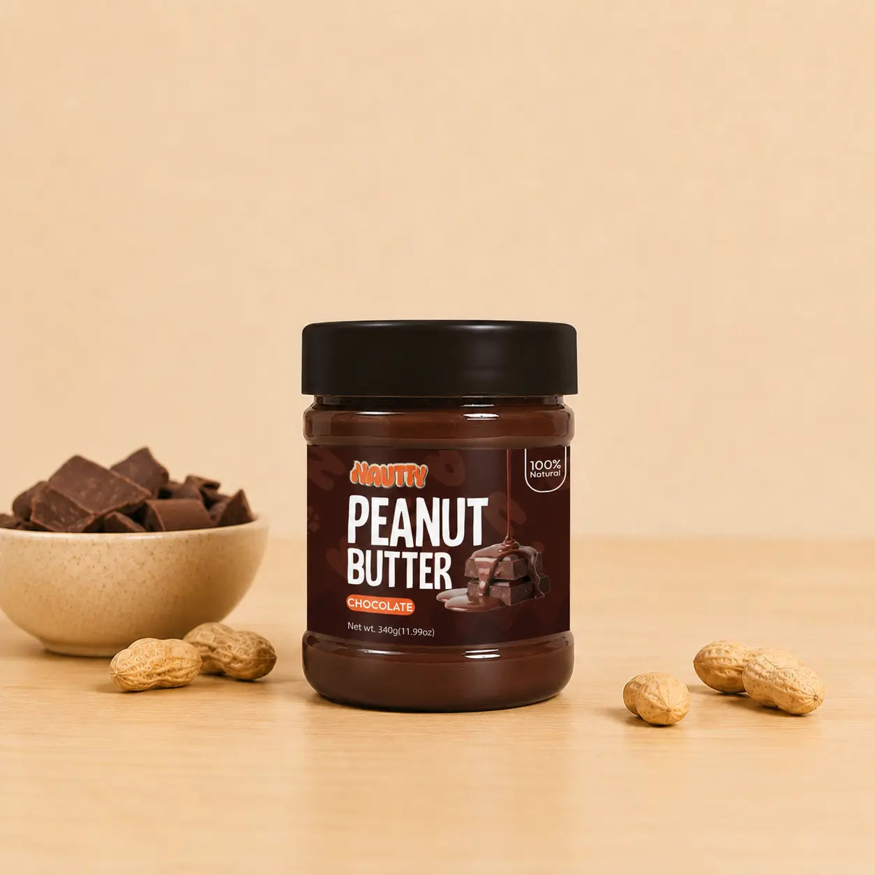 Nautty Chocolate Peanut Butter 340g jar with chocolate pieces and peanuts in Pakistan