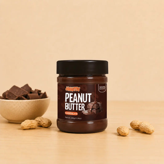 Nautty Chocolate Peanut Butter 340g jar with chocolate pieces and peanuts in Pakistan