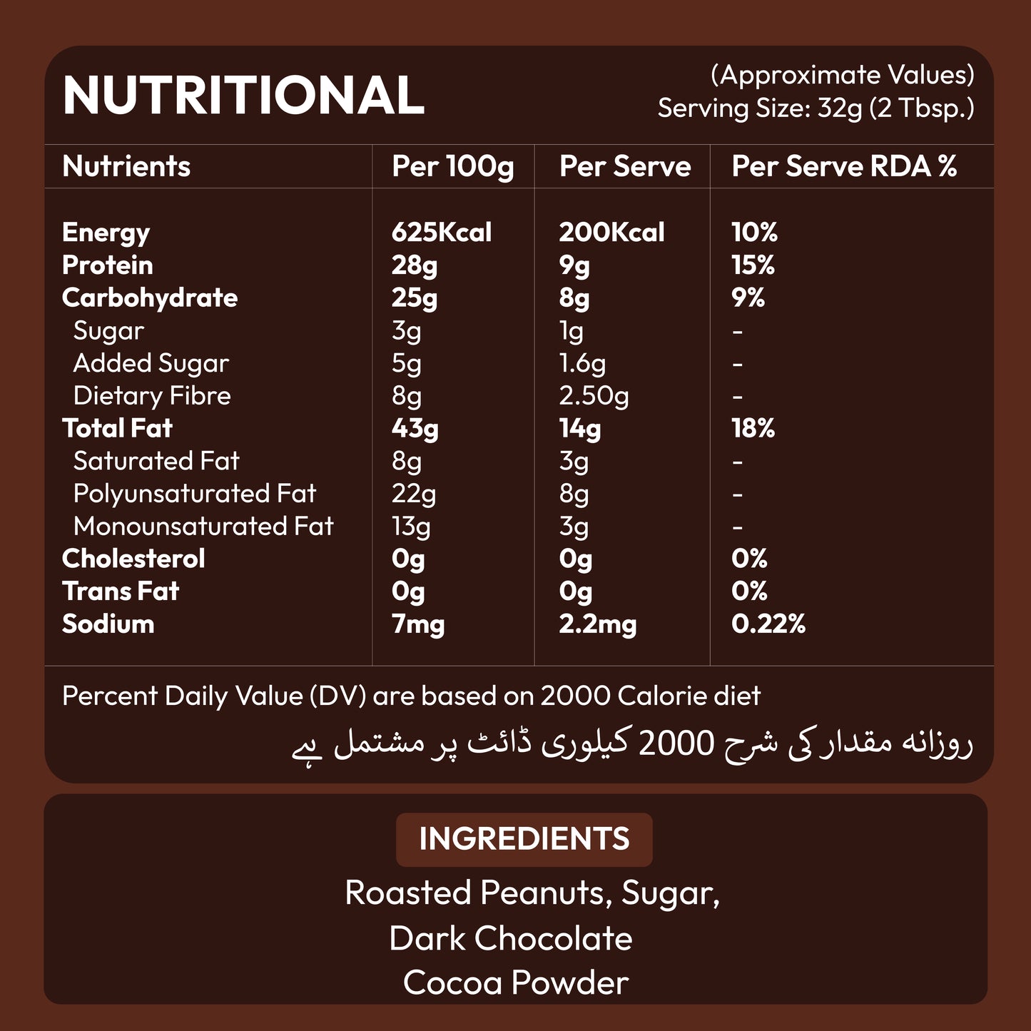 Nutrition facts label for Nautty Chocolate Peanut Butter 500g