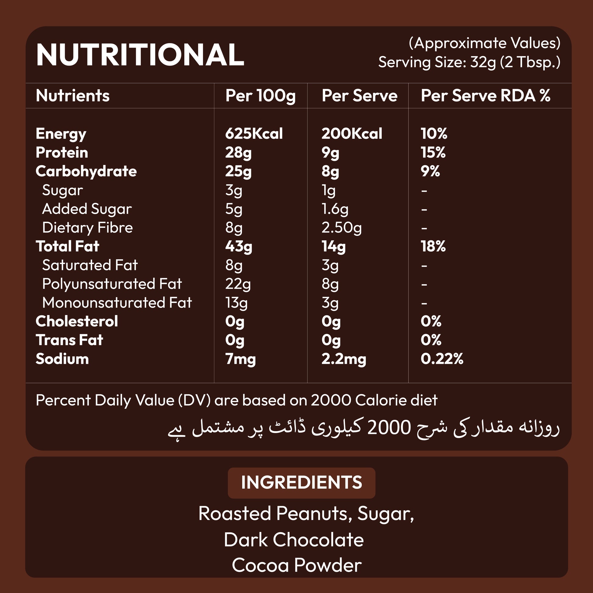 Nutrition facts label for Nautty Chocolate Peanut Butter 500g