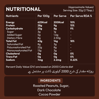 Nutrition facts label for Nautty Chocolate Peanut Butter 500g