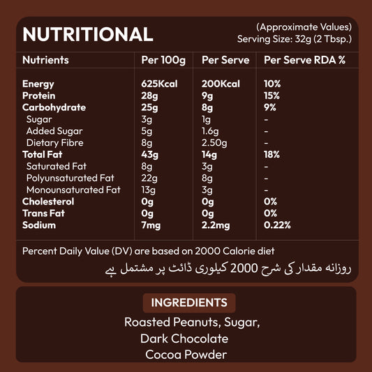 Nutrition facts label for Nautty Chocolate Peanut Butter 500g