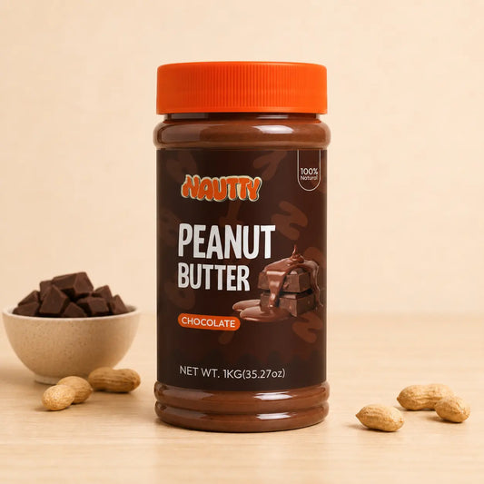 Nautty Chocolate Peanut Butter 1kg jar with chocolate pieces and peanuts in Pakistan
