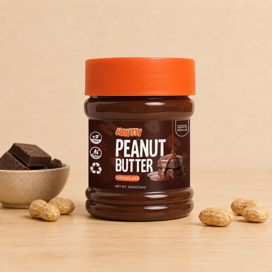 Nautty Chocolate Peanut Butter 500g jar with chocolate pieces and peanuts in Pakistan