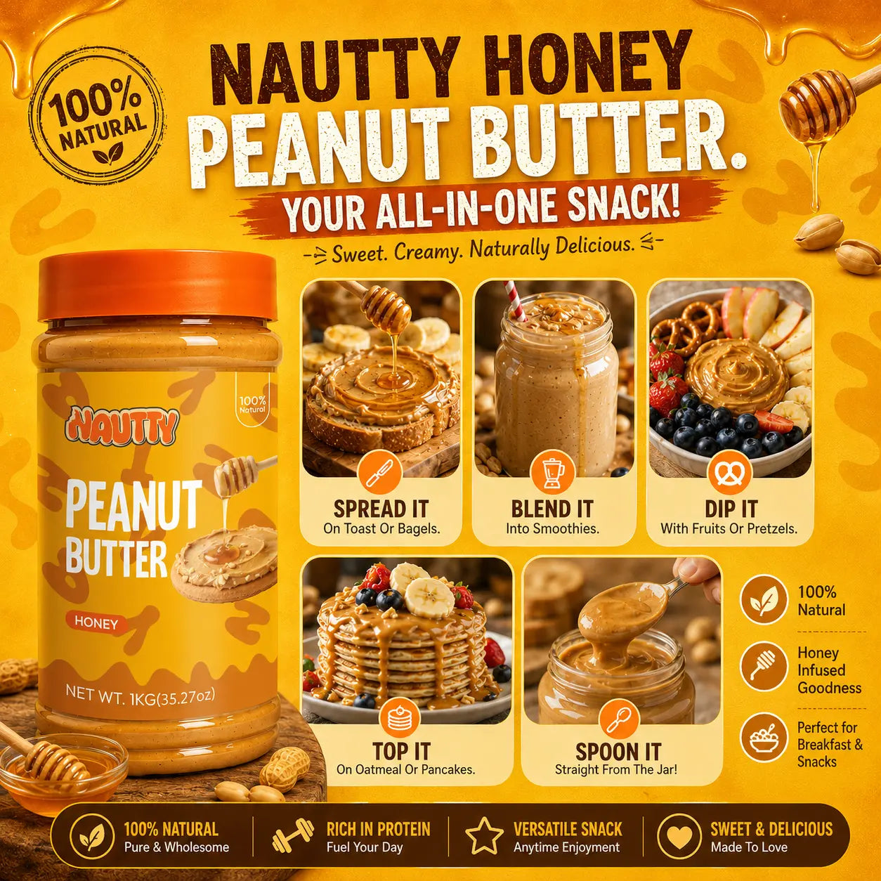Nautty Honey Peanut Butter 1kg smooth honey spread