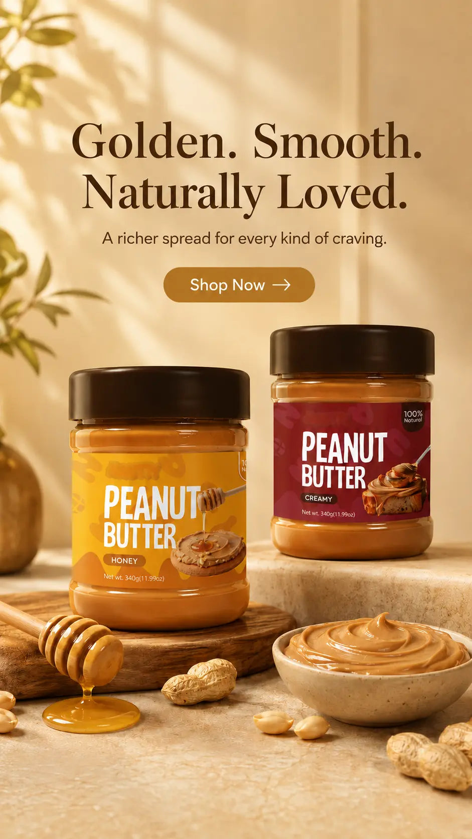 Nautty Peanut Butter flavors mobile hero banner with creamy chunky and chocolate jars in Pakistan